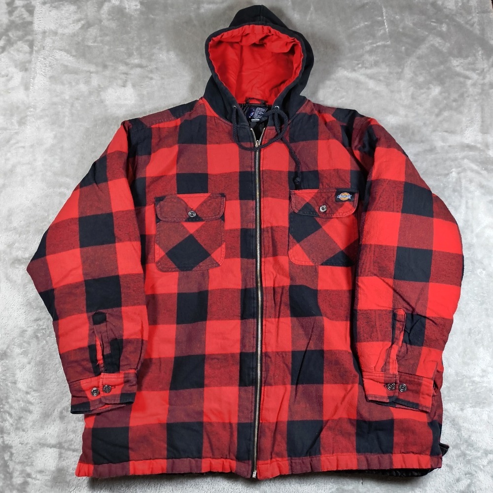 Dickies Jacket Mens XXL Red Buffalo Plaid Full‎ Zip Hood Quilt Lined Workwear